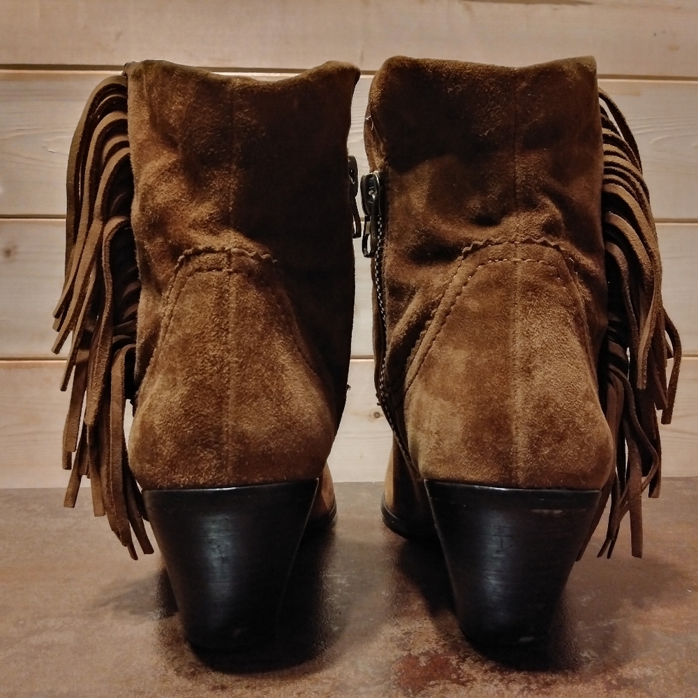Sam Edelman Sz 10M Louie Cognac Suede Leather Fringe Bootie Brown Cowboy Heel - Picture 7 of 14